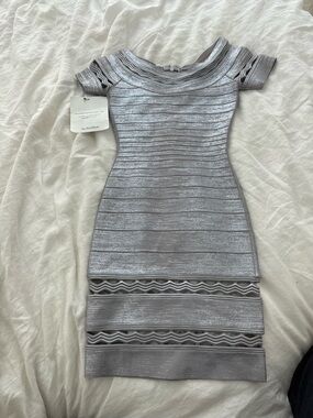 Herve Leger Silver Metallic Off-Shoulder Bandage Mini Dress